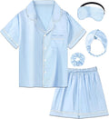 EPLAZA Kids Satin Pajamas Sets Girls Boys Button-Down Silky Pajamas Sleepwear with Hairband Eye Mask Hair Tie
