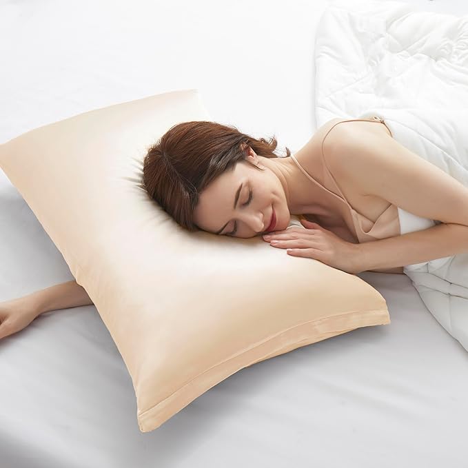 Champagne Satin Pillowcases with Zipper （20x26）,Standard Size Pillowcases Set of 2, Champagne Silk Pillowcase for Hair and Skin