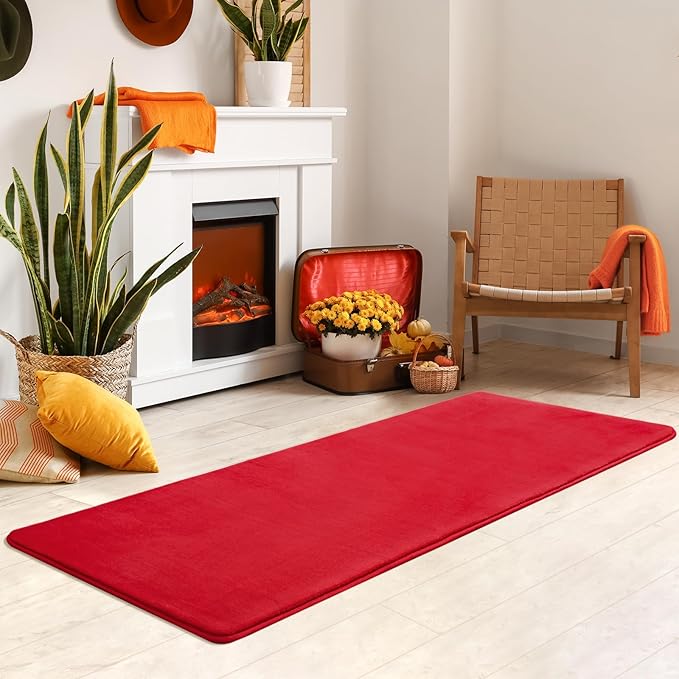 Softlife Red 2x6 Area Rug for Bedroom Living Room, Solid Non-Slip Fluffy Carpet with Soft Low Pile for Kids Boys Girls, Machine Washable Runner Rugs Fuzzy Aethetic Home Dorm Decor