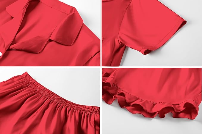 Umeyda Girls & Women Satin Pajamas Set Button Down 2 Piece Silk Pjs Shorts Set Ruffle Sleepwear, 5 Years-Women L