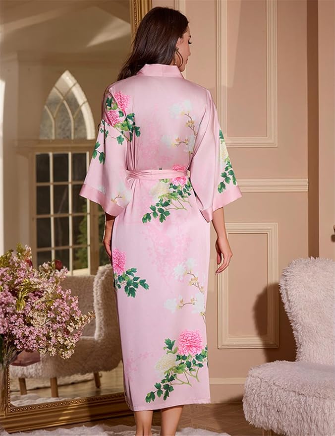 Kihnop Women's Floral Long Kimono Robe Long Satin Robe Long Silk Robe Ladies Kimonos Silky Bathrobe Cover Up, One Size