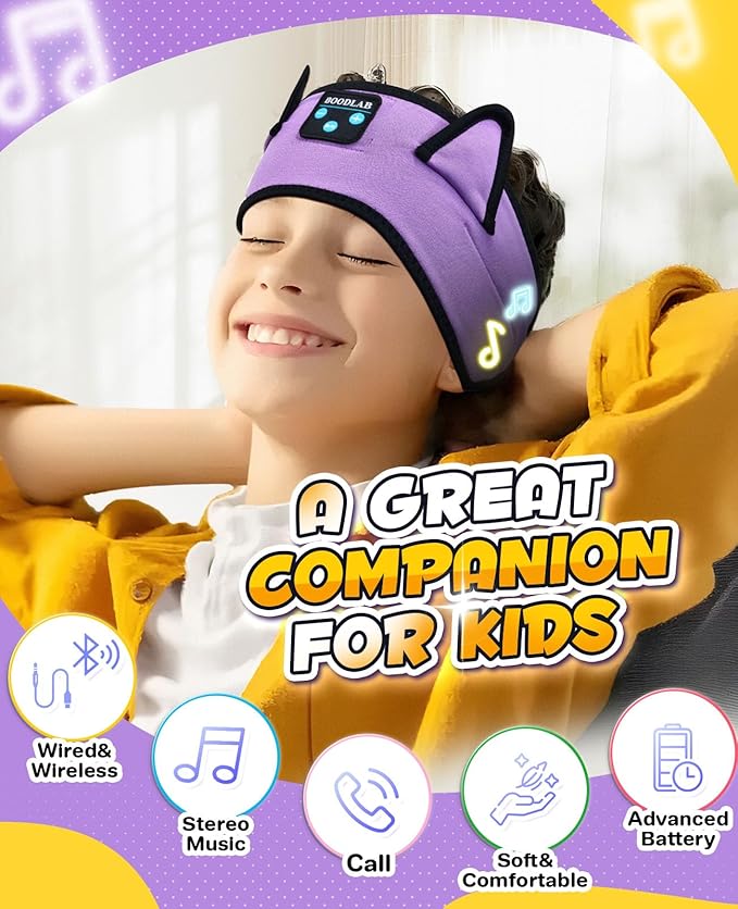 Kids Headphones Headband Wireless, Kids Bluetooth Headband, Baby Headphones with Thin Speakers & Wired Playback 3.5 MM Jack, Perfect Toddlers & Children's Earphones for Home, School & Travel