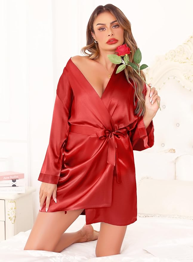 Women's Robes Satin Bathrobe Lightweight Short Silk Kimono V-Neck Bride Bridesmaids Loungewear