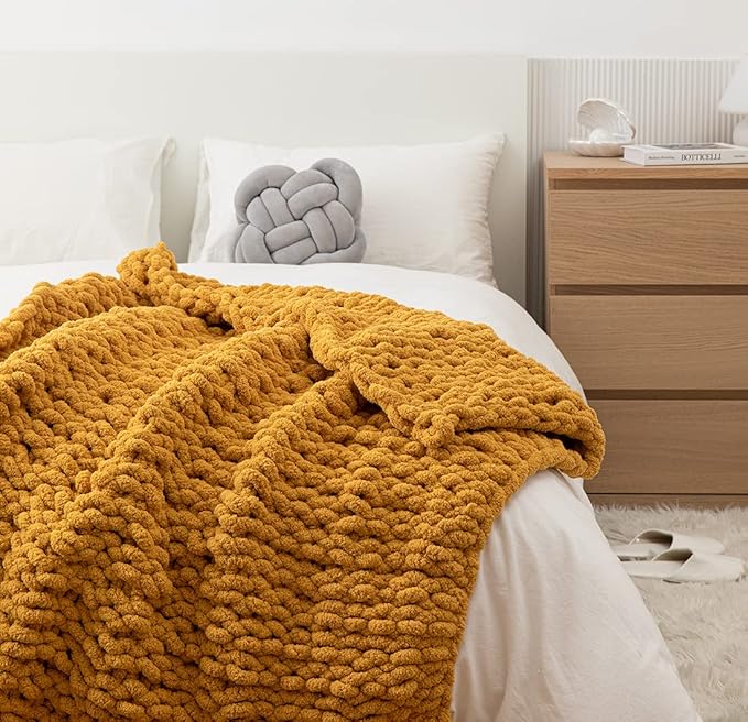 Chunky Knit Blanket Soft Chenille Yarn Knitted Throw Blanket 50"X60" Handmade Cable Warm Thick Giant Blanket for Couch Bed Trips (Turmeric Yellow, Throw 50"X60")?-¡­