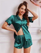 Ekouaer Womens Silk Satin Pajamas Short Sleeve PJS Shorts Set Soft Button Down Sleepwear 2 Piece Loungewear S-5XL