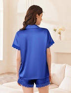 Ekouaer Womens Lace Satin Pajama Set Button Down Pj Shorts Set Bridesmaids Getting Ready Outfits Casual Sleepwear XS-XXL
