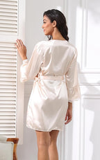 Lace Trim Satin Robes for Women Bride Bridesmaid Silky Kimono Robe Valentines Lingerie with Bell Sleeves