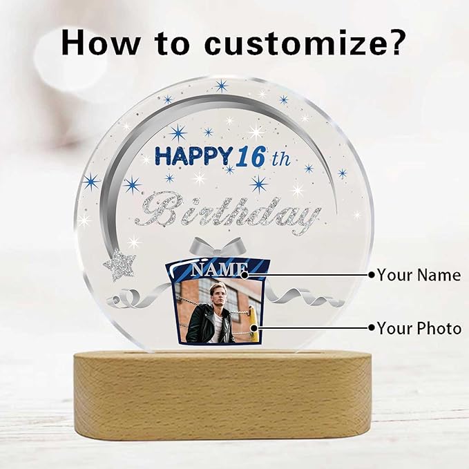 Customized Birthday Gifts Personalized Acrylic LED Night Light Lamp Crystal Ball Plaque Custom Photo Name Birthday Gifts for Mom Kids (Navy Blue and Silver)