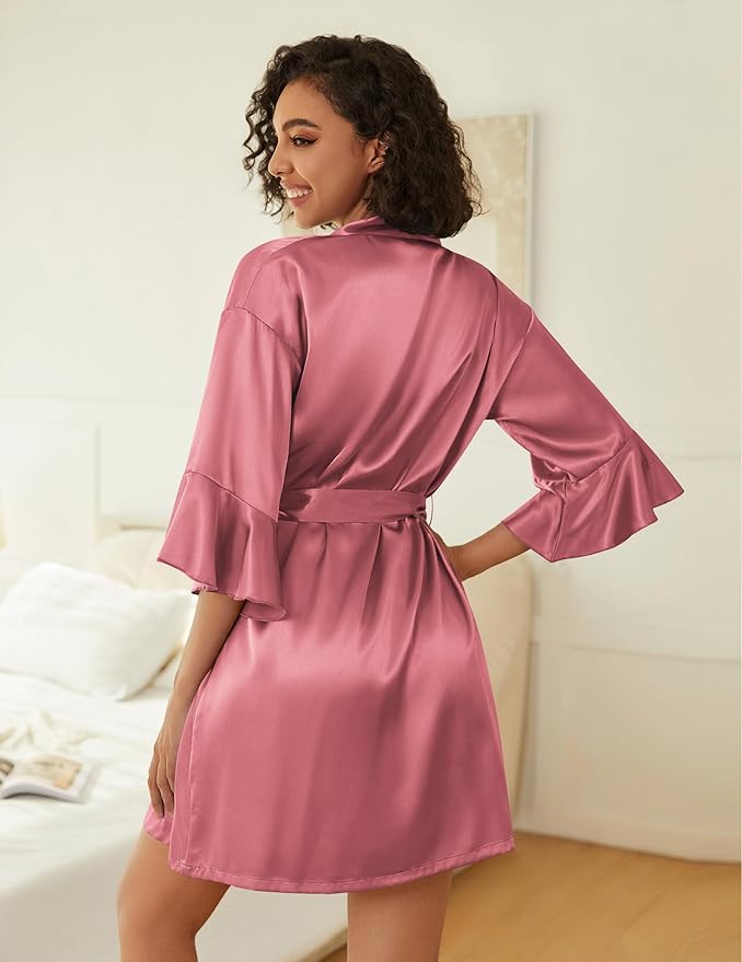 Ekouaer Women's Silk Robe Set V-neck 2 Piece Bridal Party Robes and Satin Bathrobe Set with Pockets