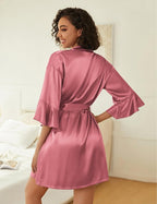 Ekouaer Women's Silk Robe Set V-neck 2 Piece Bridal Party Robes and Satin Bathrobe Set with Pockets