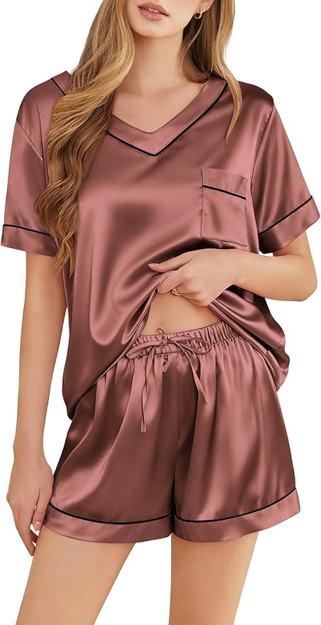 Silk Pajamas for Women Short Sleeve Satin 2 Piece Pj Set Soft V Neck Sleepwear Loungewear, S-XXL