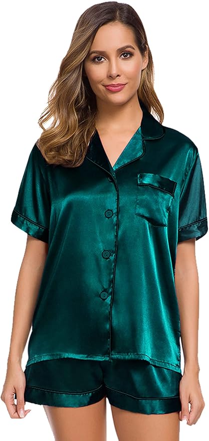 SWOMOG Womens Silk Satin Pajamas Set Short Sleeve Sleepwear Button Down Top and Shorts Loungewear 2 Piece Pjs Set XS-3XL