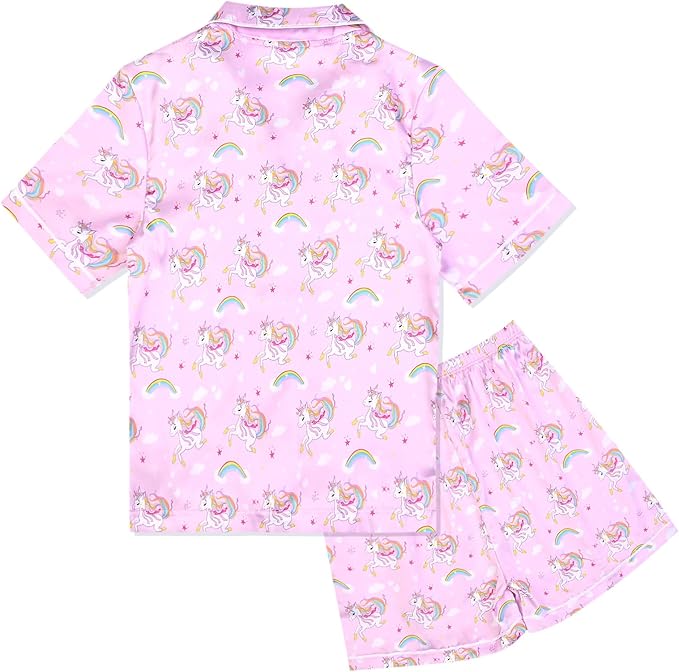 QPANCY Kids Satin Pajamas Sets Baby Boy Girl Button-Down Silk Sleepwear 2 Piece Short Sleeve Loungewear Clothes Set