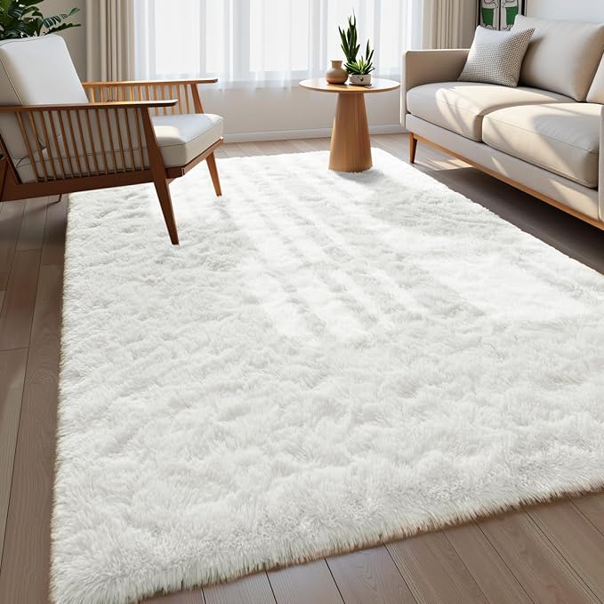 Fluffy Area Rugs for Bedroom Decor Aesthetic, 8x10 Large Cream White Shag Rug with Non-Slip Backing for Living Room, Fuzzy Plush Carpet Washable Rug Modern Home Decor for Kids Nursery Girls Room