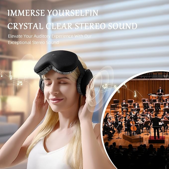 CLOZIA Sleep Mask Wireless Bluetooth, White Noise Bluetooth Sleep Mask with 12 Soothing Sound, Sleep Mask with Bluetooth Headphones for Travel Yoga Office Meditation, Black