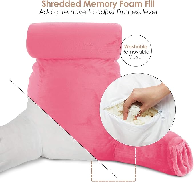 Clara Clark Reading Pillow with Shredded Memory Foam Includes 2 Neck and Lumber Support Pillows, Designed for Sitting Up in Bed and Couch Back and Arms Adjustable Support for Adults & Teens Light Pink