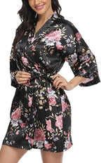 Women's Floral Satin Robes Bride Bridesmaid Getting Ready Robe Short Silky Kimono Sleepwear for Wedding Party