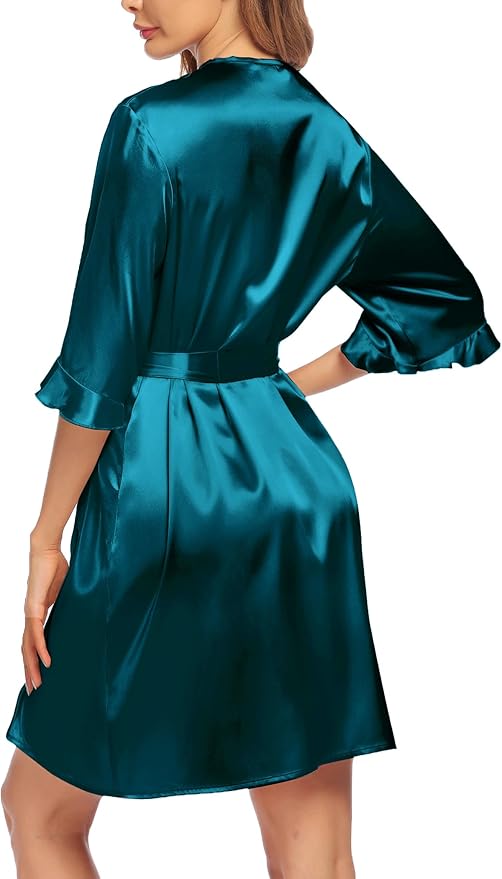 Ekouaer Women's Satin Robe Valentines Lingerie for Women Kimono Bathrobe Short Ruffle Belted Robes Bridesmaids Sleepwear