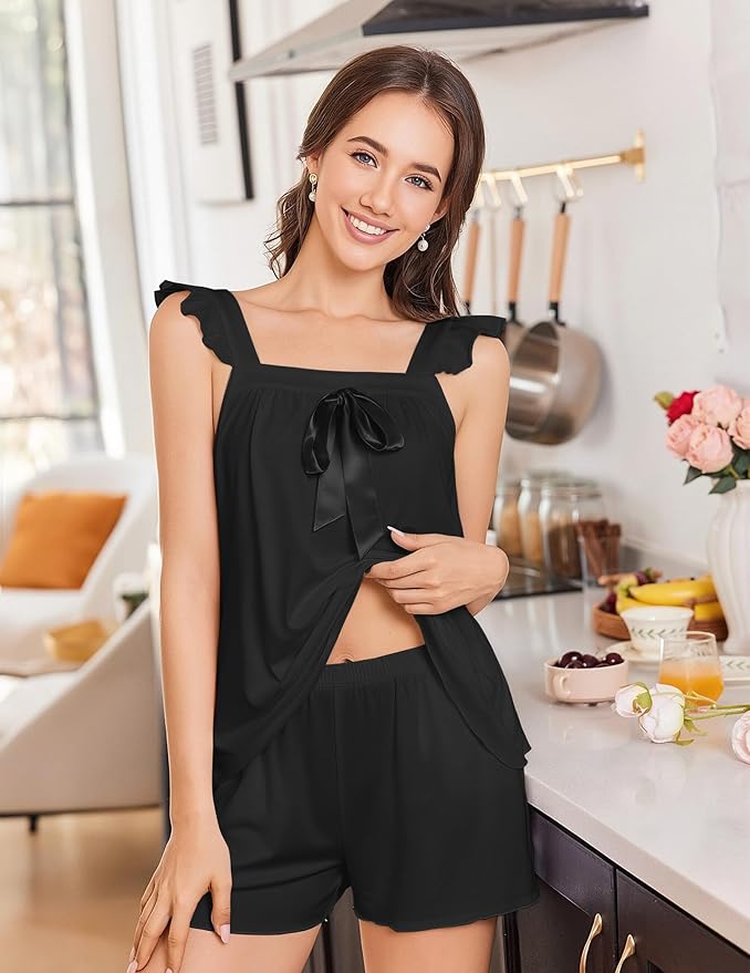 Ekouaer Women's Pajamas Sets 2 Piece Bow Bridal Pajama Cute Tank Top and Shorts Pjs Soft Ruffle Sleepwear XS-2XL