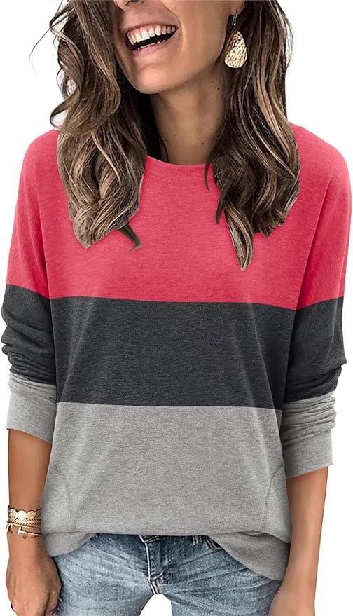 Magritta Women's Long Sleeve Leopard Color Block Tunic Comfy Crewneck T Shirt Tops Black XL