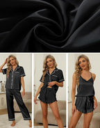 SAPJON Silk Pajamas for Women Set 4Pcs Ruffled Satin Pajamas Set Button Down Short Sleeve Cami Shorts Sleepwear Pj Set