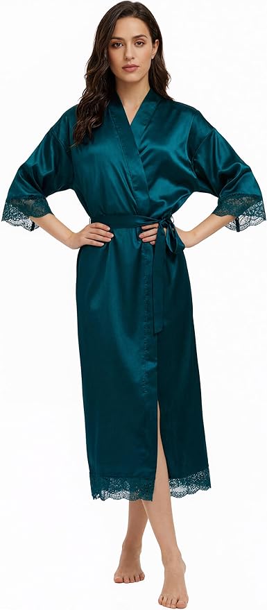 Long Satin Robes for Women Ankle Length Kimono Robes Silky Bridal Party Robes with Lace Trim Bridesmaid Loungewear Sleepwear