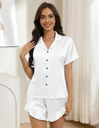 Silk Pajamas for Women Button Down 2 Piece Satin Pjs Shorts Set Ruffle Notch Collar Sleepwear Loungewear