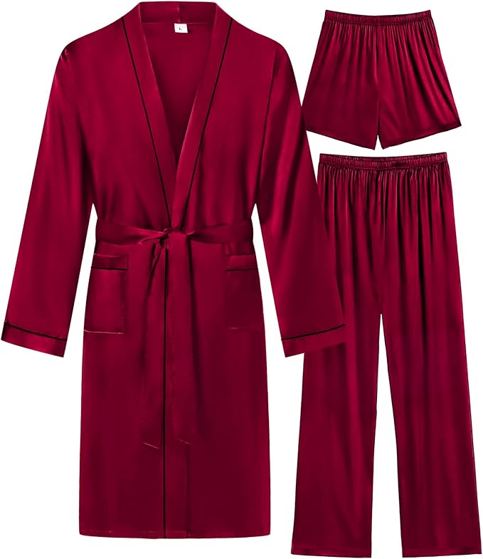 SWOMOG Mens 3 PCS Satin Robe with Pants & Shorts Set Kimono Bathrobe Long Sleeve Sleepwear Pjs Sets with Pockets