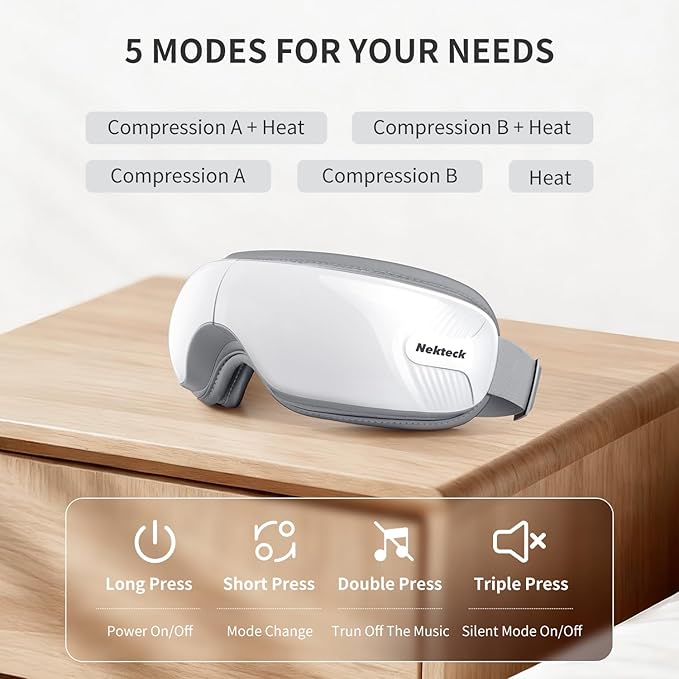 Nekteck Eye Massager with Heat, Birthday Gifts Eye Mask Massage for Migraine Relief, Heated Smart Migraine Massager to Reduce Strain, Dry Eyes, Sleep Relaxation, Bluetooth Music, Ideal for Her Him