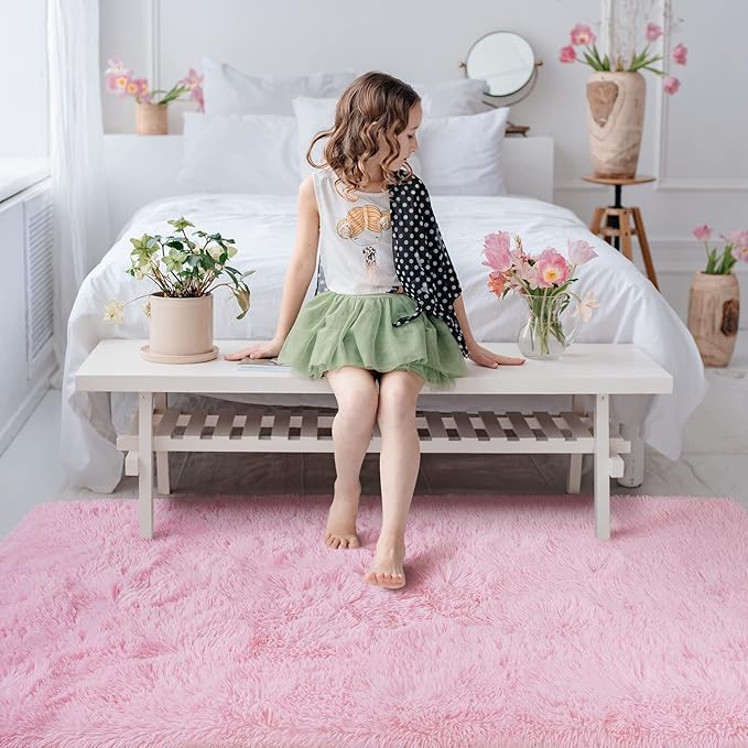 Softlife Ultra Soft Fluffy Area Rugs for Bedroom, Girls and Boys Room Kids Room Nursery Rug, 3 x 5 Feet Shaggy Fur Indoor Plush Modern Floor Carpet for Living Room Christmas Decor, Pink