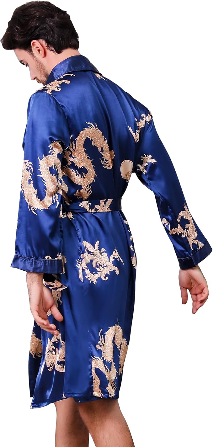 Haseil Men's Satin Robe Dragon Luxurious Silk Spa Long Sleeve House Kimono Bathrobe