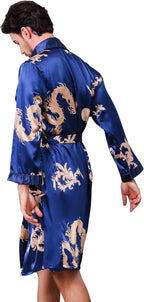 Haseil Men's Satin Robe Dragon Luxurious Silk Spa Long Sleeve House Kimono Bathrobe