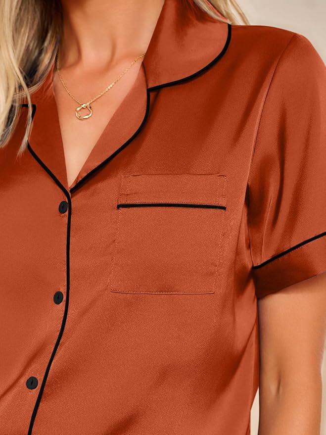 LILLUSORY Silk Satin Pajama Set for Women 2 Piece Lounge Pjs Winter Matching Summer Sleepwear Button Down Shirt Shorts