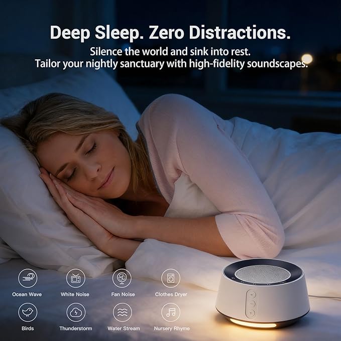 BGOVERSS White Noise Sound Machine with 20 Soothing Sounds, 10 Colors Night Light Sleep Machines Home Office Travel, 5 Timers and Memory Feature Sound Machine for Nursery Baby Kids Adults (Black)