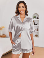 Ekouaer Satin Pajama Set for Women Button Down Silk 2 Piece Pj Sets Ruffle Short Sleeve Sleepwear