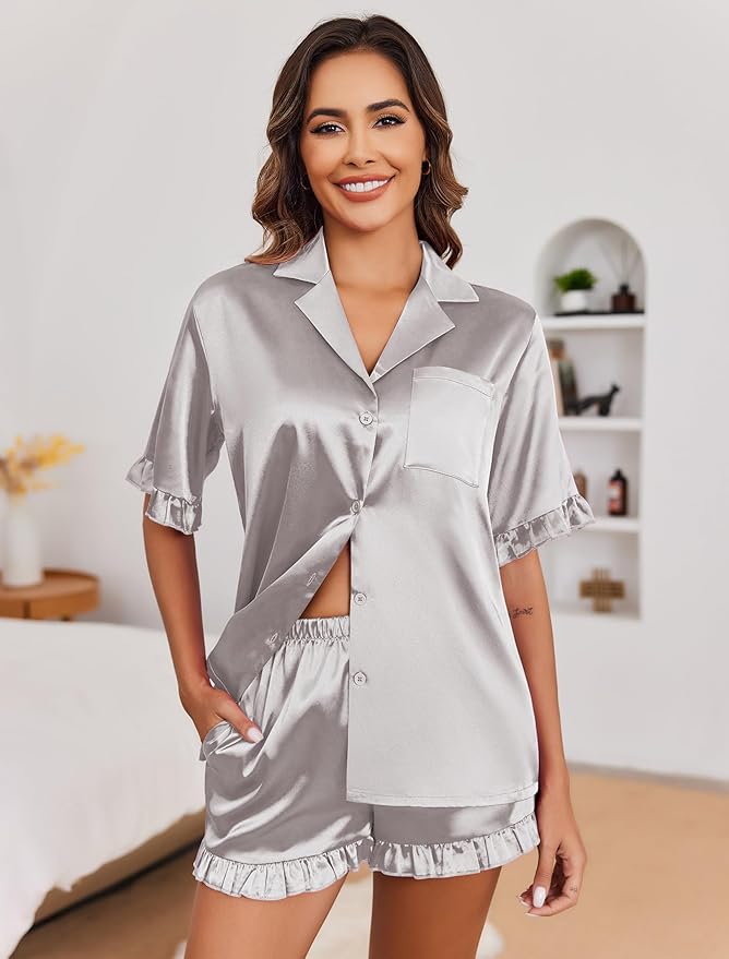 Ekouaer Satin Pajama Set for Women Button Down Silk 2 Piece Pj Sets Ruffle Short Sleeve Sleepwear