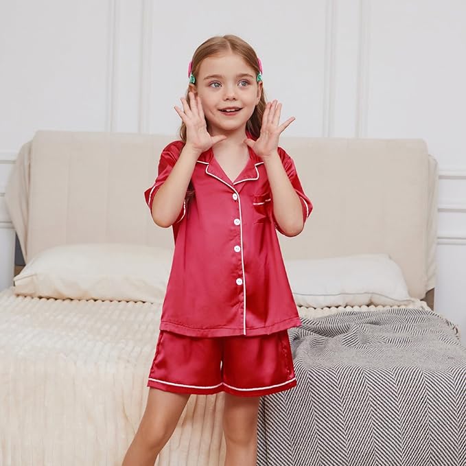 QPANCY Kids Satin Pajamas Sets Baby Boy Girl Button-Down Silk Sleepwear 2 Piece Short Sleeve Loungewear Clothes Set