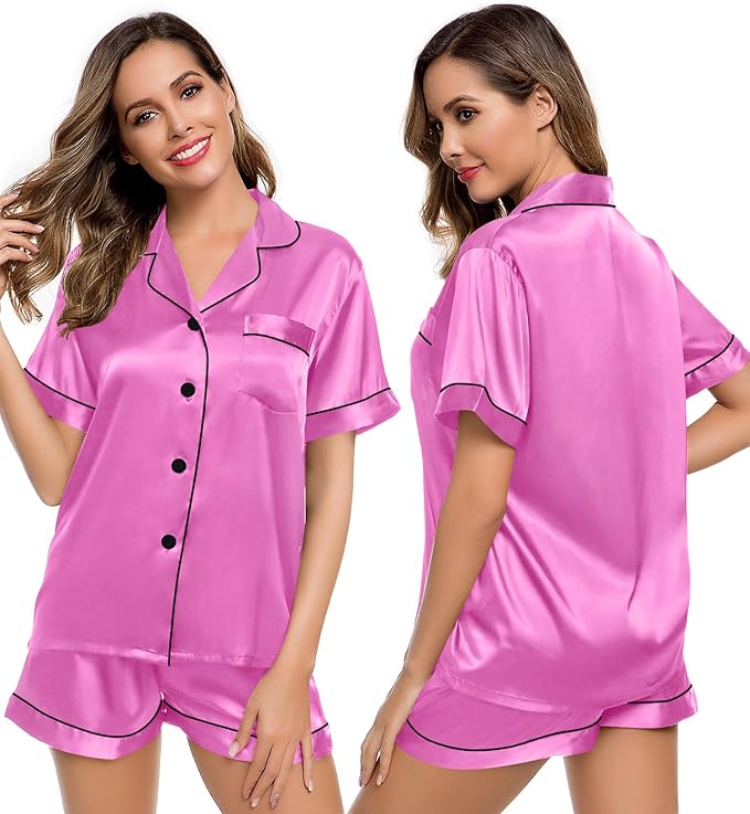 LecGee Womens Silk Satin Pajamas Short Sleeve Loungewear Two-Piece Sleepwear Button-Down Pj Set