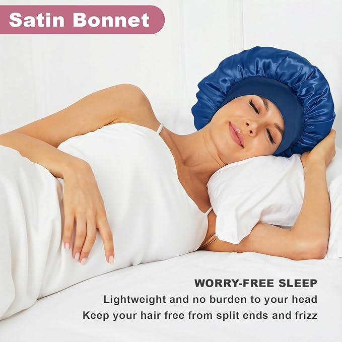 4Pcs Satin Bonnet Silk Bonnet, Hair Bonnet for Sleeping, Elastic Wide Band Silk Sleep Cap, Soft and Breathable(Dark Blue*4)