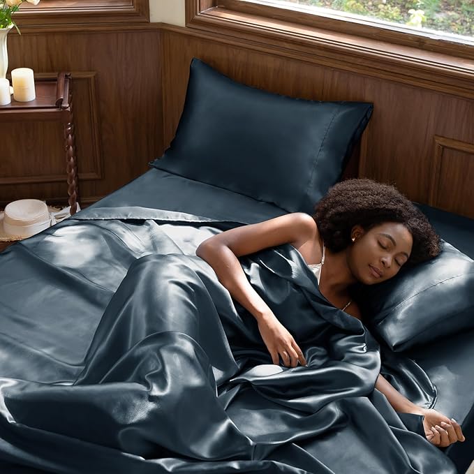 CozyLux Satin Sheets Full Size Sheets - 4 Piece Silky Full Size Bed Sheets, Luxury Steel Blue Full Bed Set with Smooth and Soft Microfiber, Includes 1 Fitted Sheet, 1 Flat Sheet and 2 Pillowcases