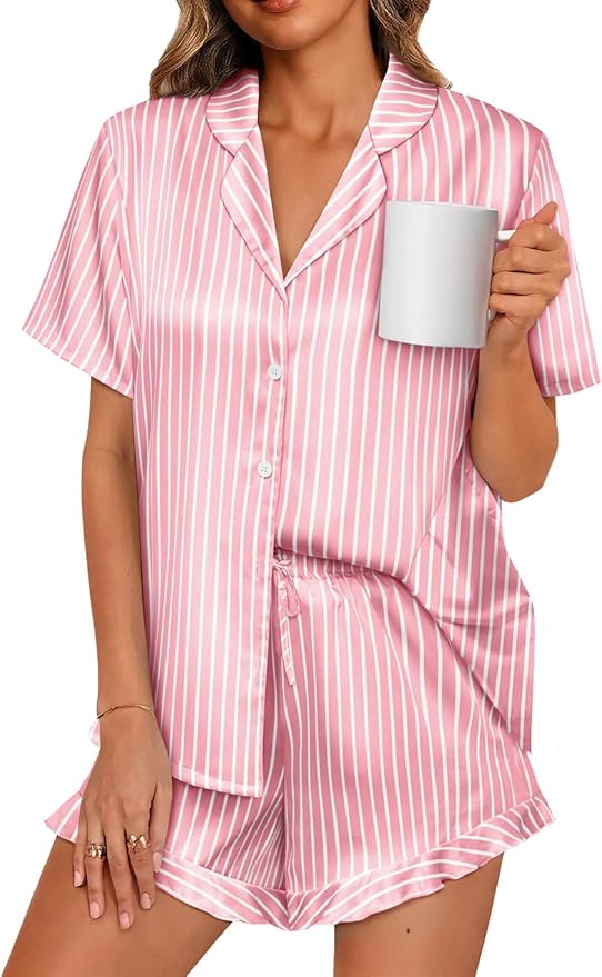 LILLUSORY Womens Satin Silk Pajamas Set 2 Piece Ruffle Pjs Winter Matching Lounge Sleepwear Button Down Striped Shirt Shorts