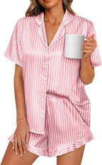 LILLUSORY Womens Satin Silk Pajamas Set 2 Piece Ruffle Pjs Winter Matching Lounge Sleepwear Button Down Striped Shirt Shorts