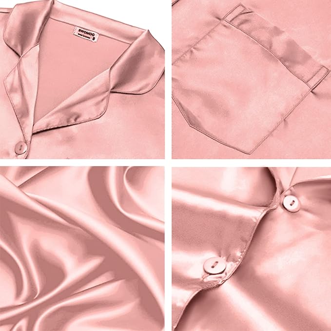 SWOMOG Long Sleeve Pajamas Set Silk Satin Sleepwear Button Down Pjs Loungewear with Pocket