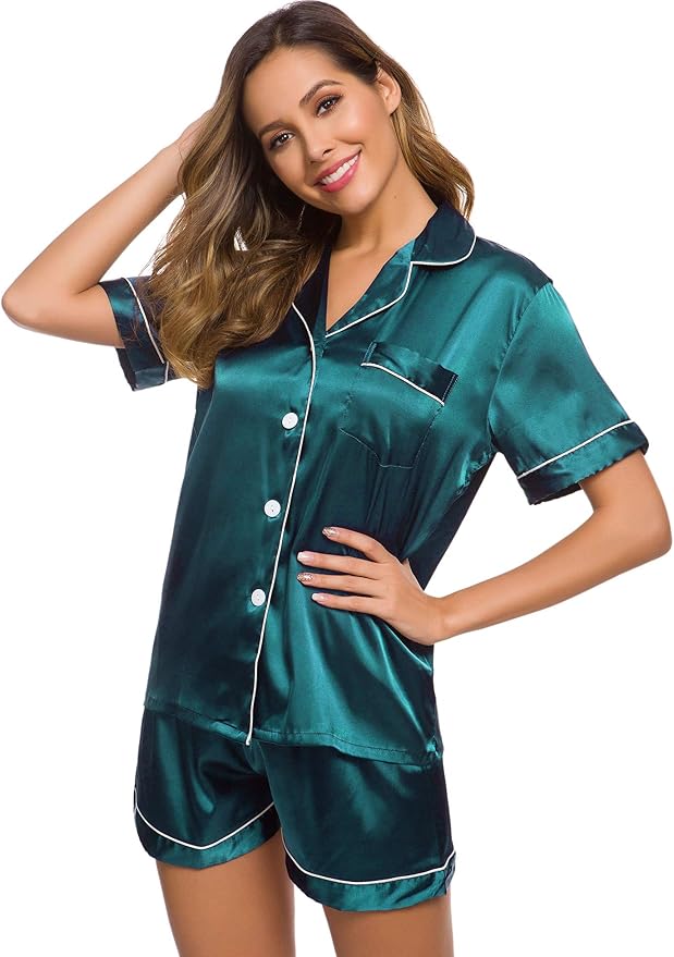 SWOMOG Womens Silk Satin Pajamas Set Short Sleeve Sleepwear Button Down Top and Shorts Loungewear 2 Piece Pjs Set XS-3XL