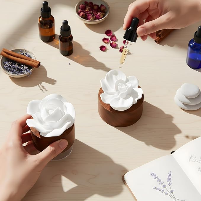 2 Pcs Ceramic Rose Diffuser Flower Passive Essential Oil Diffuser Flower Ceramic Aromatherapy Non Electric Battery for Home Office Tabletops Bathroom Decorative Birthday Ideal Gifts