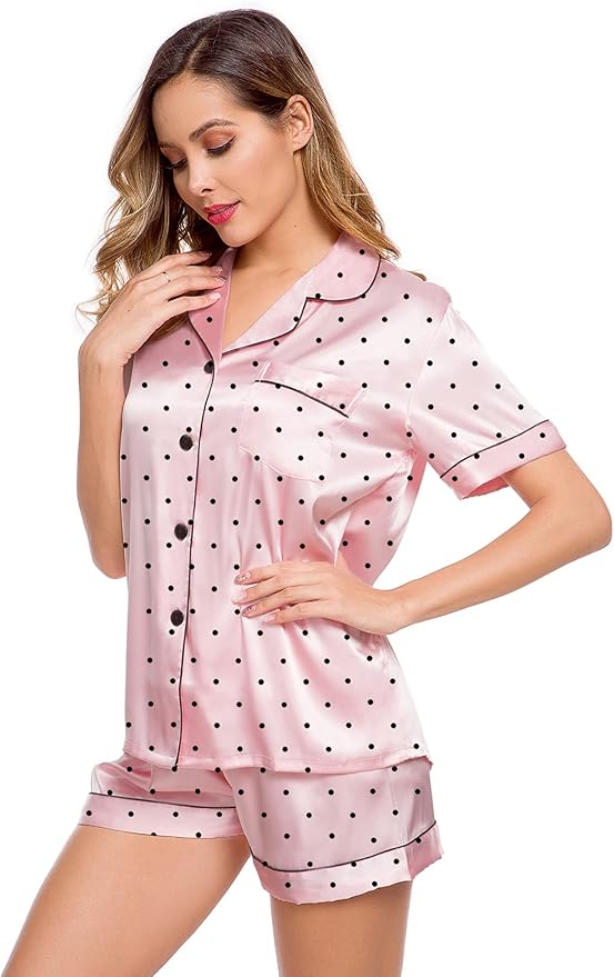 LecGee Womens Silk Satin Pajamas Short Sleeve Loungewear Two-Piece Sleepwear Button-Down Pj Set