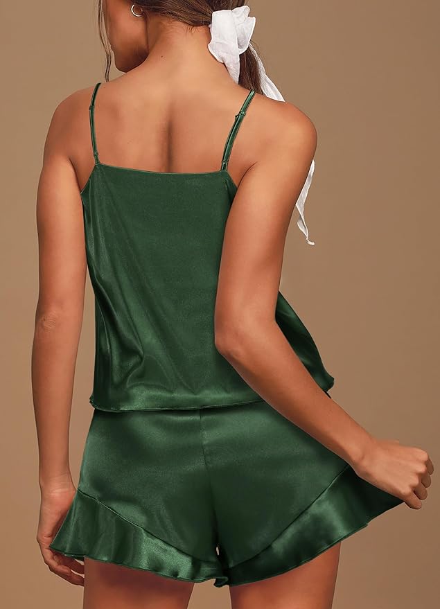 Aamikast Womens Silk Satin Pajama Sets Sexy Cami Ruffled Shorts Sets 2 Piece Pjs Sleepwear