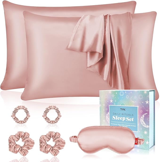 my novel things Satin Pillowcase Gift Set with Silk Satin Sleep Mask 4 Scrunchies, 2Pack Standard Size Pillow Cases Luxury Sleeping for Women Wife Birthday Valentines Day Wedding Gifts for Girlfriend