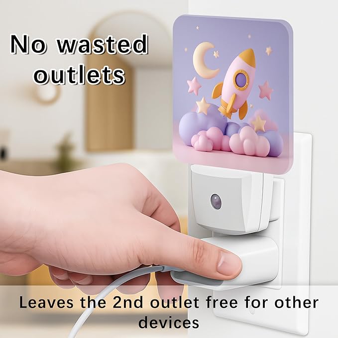 Rocket Night Lights Plug Into Wall, Playful Fanciful Moon Stars None Pastel Peach Plug in Night Light with Dusk to Dawn Sensor for Bathroom Closet Laundry Room Decor 1pcs