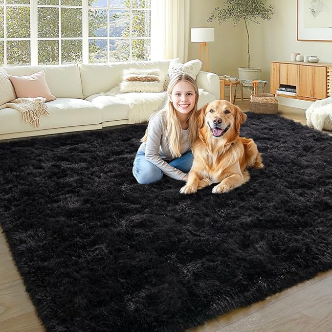 KING DARE 8x10 Area Rugs for Living Room, Soft Plush Fluffy Shaggy Fuzzy Furry Large Black Rug, Anti-Slip Washable Modern Big Floor Carpet for Bedroom Aesthetic Home Decor